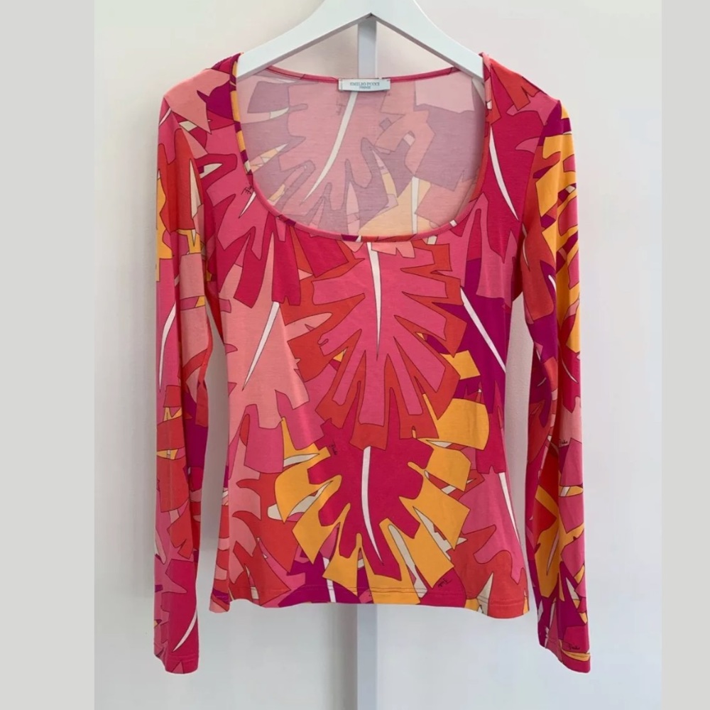 EMILIO PUCCI PINK PALM LONG SLEEVE TOP MODEL 71R001 SIZE SMALL